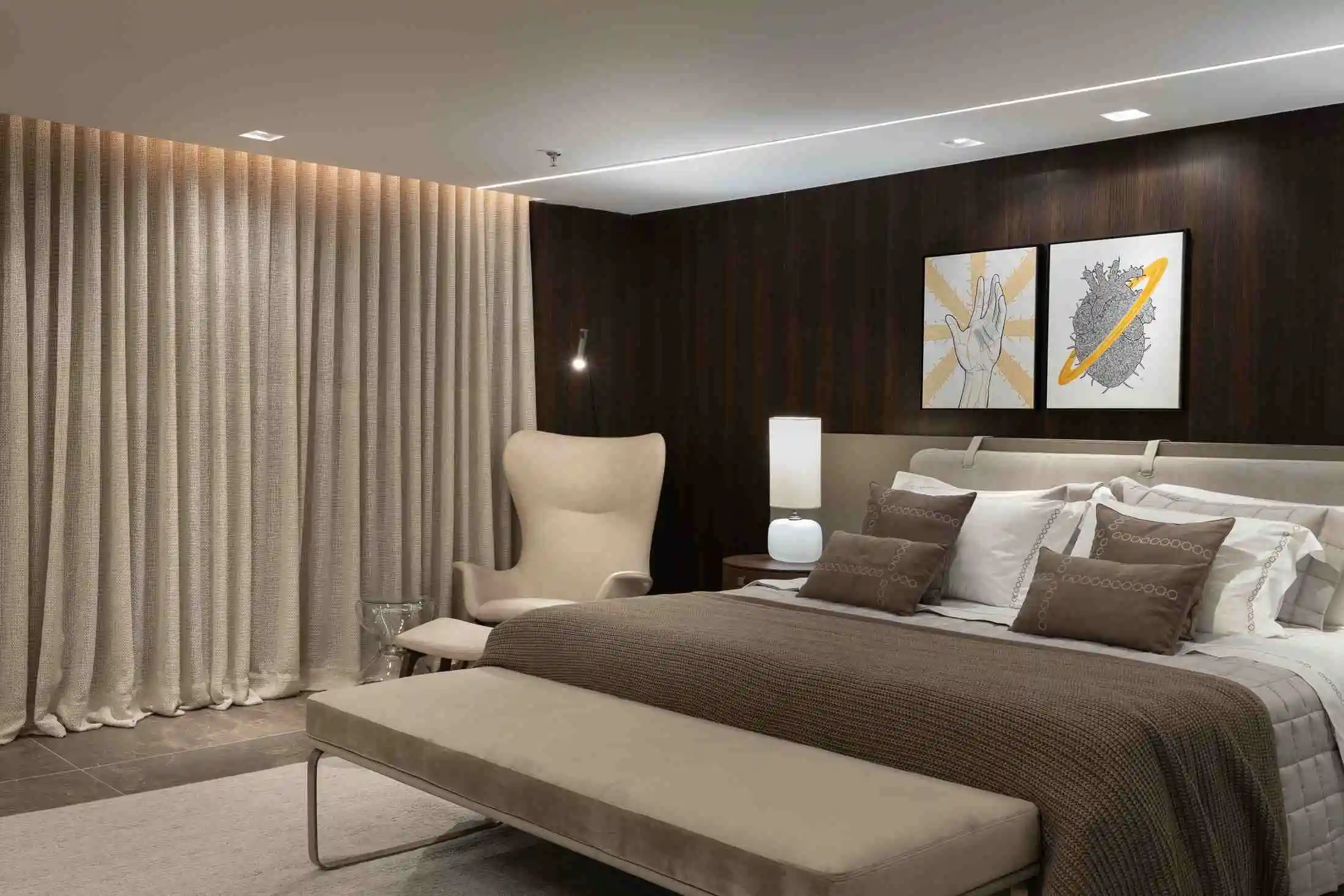 cortina de tecido com a cama